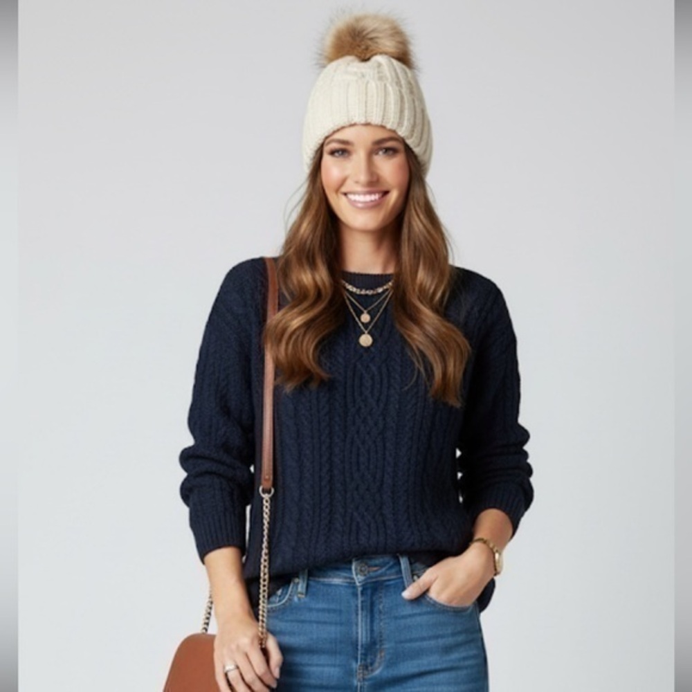 Made In Italy Wool Blend Navy Blue Speckled Cableknit Crewneck Sweater ￼